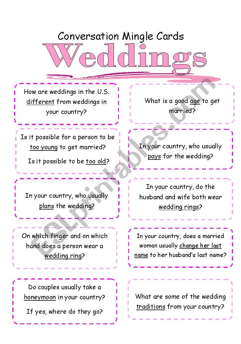 *Weddings | Activity 2*  Mingle: Conversation Starter Cards [3 pages, instructions included]